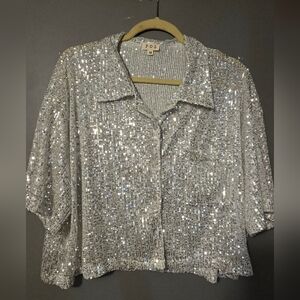 Silver Sequin Boutique Crop Top Button Up